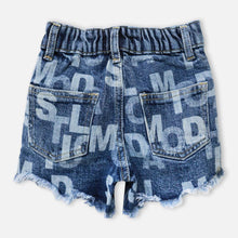 Load image into Gallery viewer, Blue Typographic Printed Raw Hem Denim Shorts
