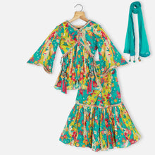 Load image into Gallery viewer, Turquoise Floral Printed Bell Sleeves Kurta With Sharara &amp; Dupatta

