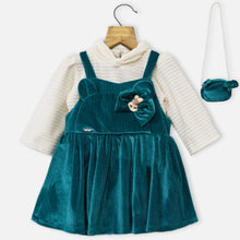 Load image into Gallery viewer, Teal Velvet Dungaree Dress With Ivory Top With Sling Bag
