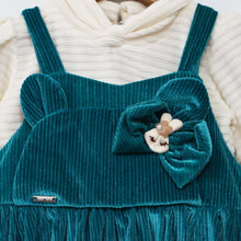 Load image into Gallery viewer, Teal Velvet Dungaree Dress With Ivory Top With Sling Bag
