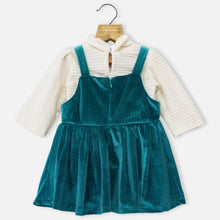 Load image into Gallery viewer, Teal Velvet Dungaree Dress With Ivory Top With Sling Bag
