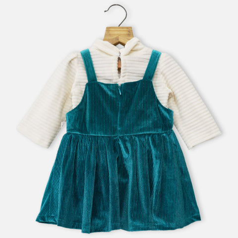 Teal Velvet Dungaree Dress With Ivory Top With Sling Bag