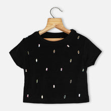 Load image into Gallery viewer, Embellished Half Sleeves Top- Black &amp; Off White
