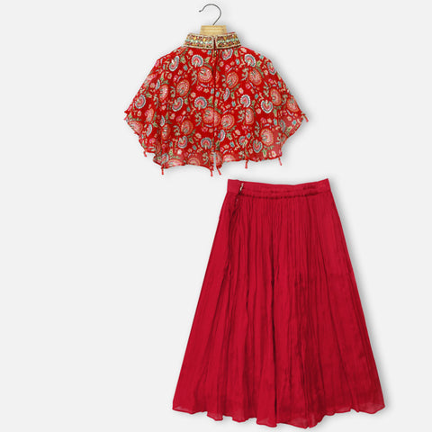 Red Embroidered Cape Top With Flared Palazzo