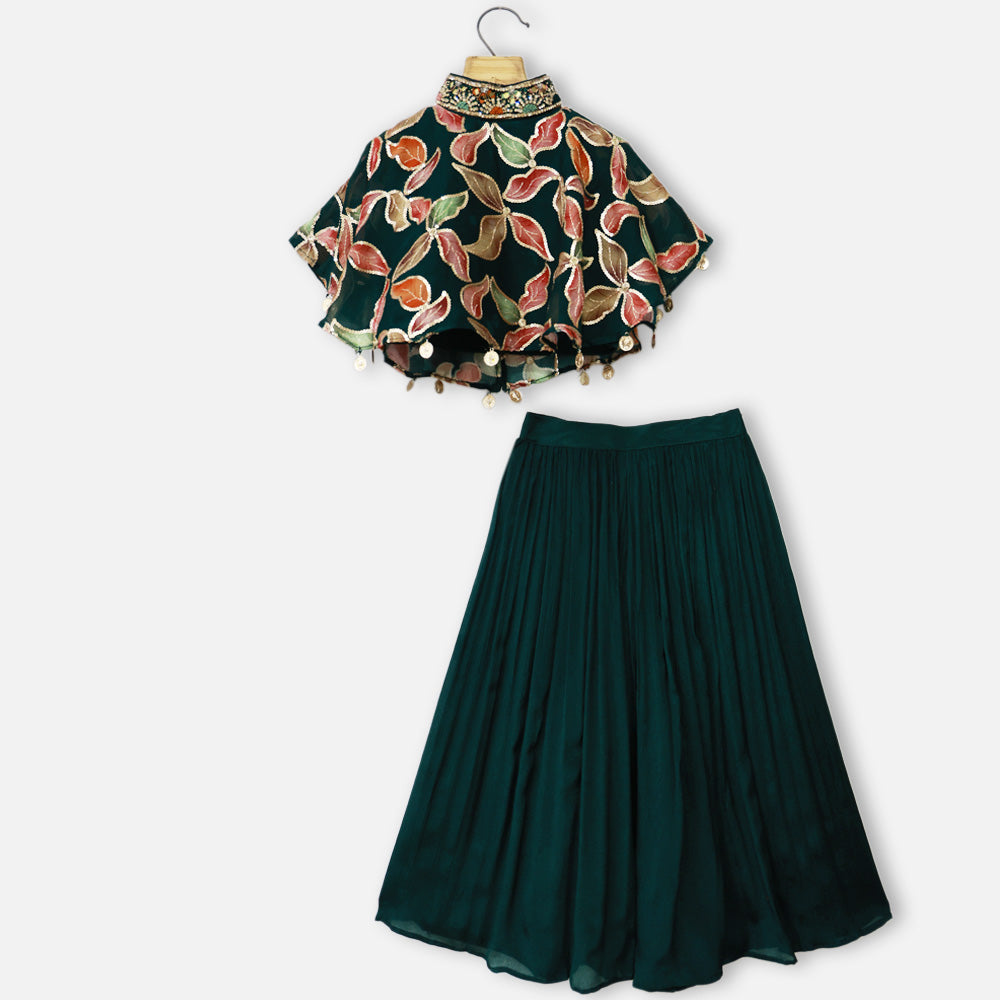 Green Embroidered Cape Top With Flared Palazzo