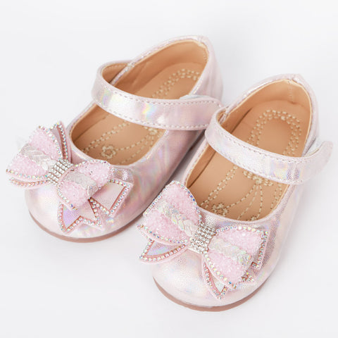Pink & Silver Bow Embellished Velcro Closure Ballerina