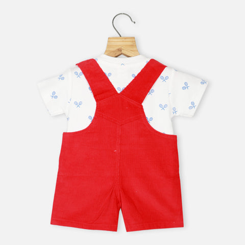 Red Embroidered Corduroy Dungaree With White T-Shirt