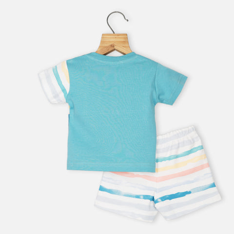 Blue Panel Chest Pocket T-Shirt With Striped Shorts