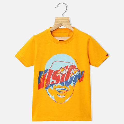 Graphic Printed Half Sleeves T-Shirt- Mustard, Grey & Red