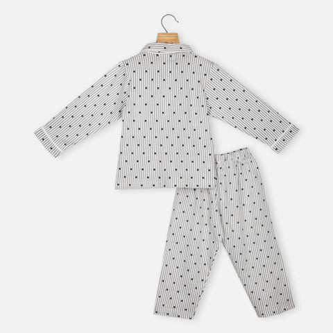 Grey Striped With Polka Dots Full Sleeves Night Suit