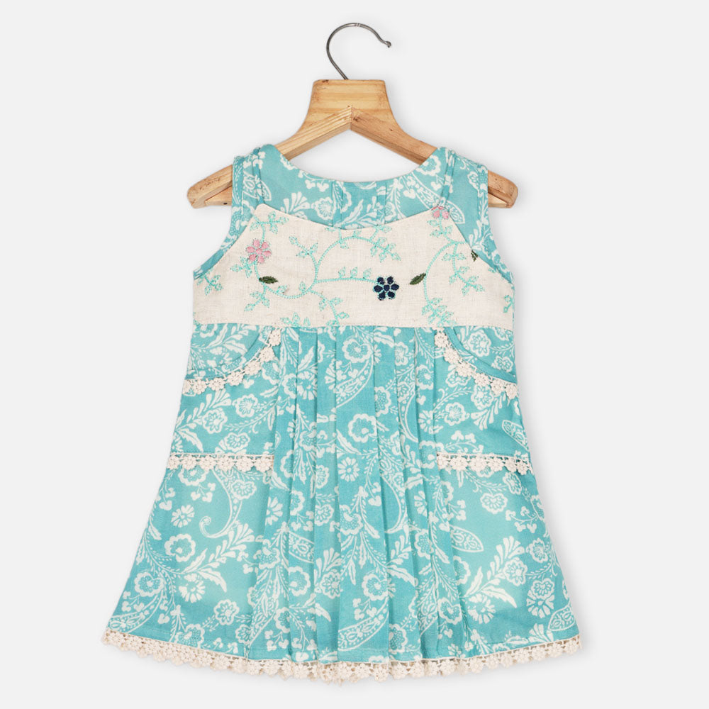 Pink & Blue Floral Printed Pleated Dress