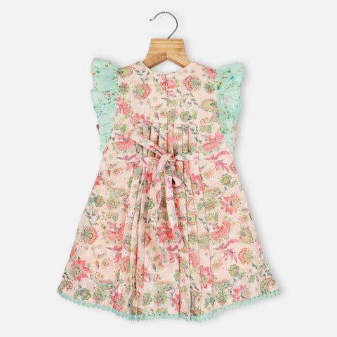 Peach Floral Pleated Cotton Sleeveless Dress