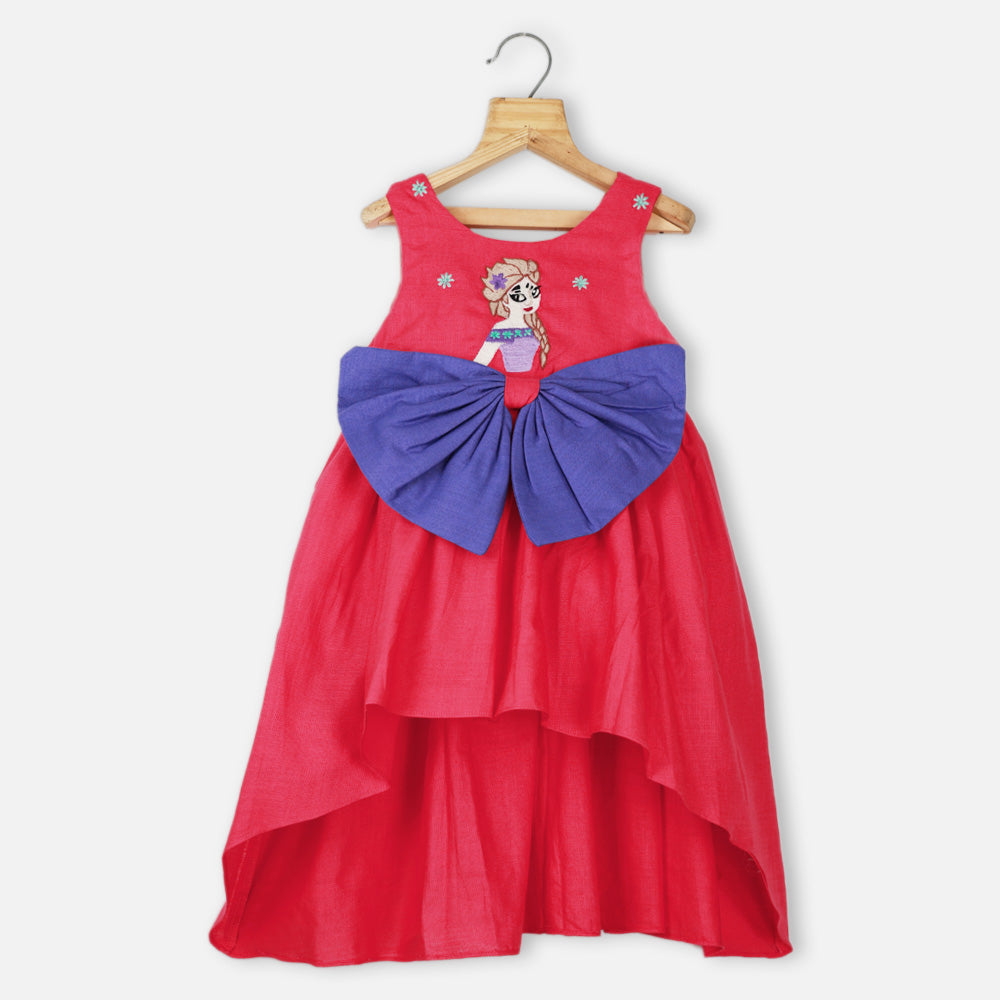 Purple Big Front Bow With Elsa embroidered High Low Hem Dress