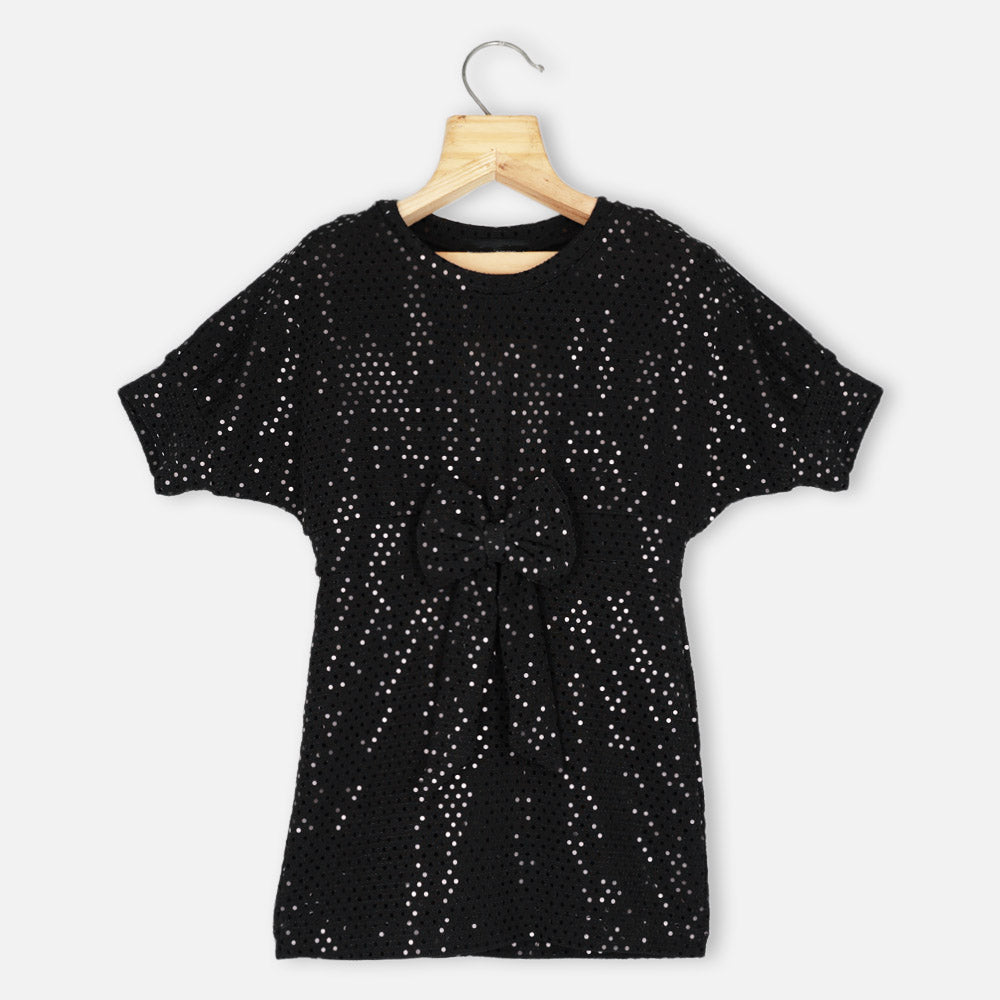 Black Front Bow Sequined Dress