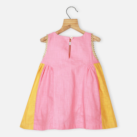Pink With Yellow Side Gathered Embroidered A-line dress