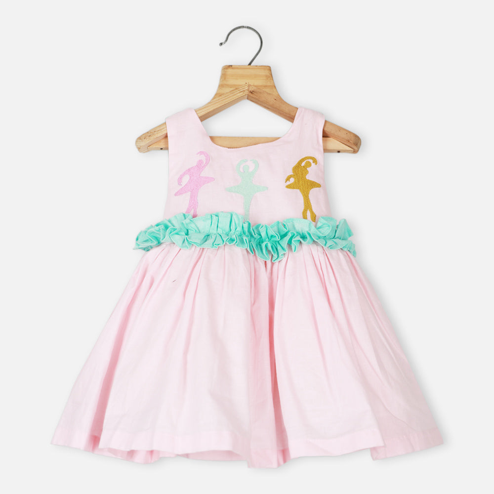 Pink Ballerina Embroidery With Ruffled Detail Cotton Dress
