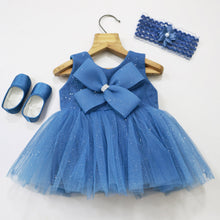 Load image into Gallery viewer, Blue Bow Embellished Party Dress With Booties &amp; Headband
