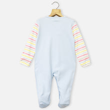 Load image into Gallery viewer, Blue Embroidered With Striped Full Sleeves Footsie
