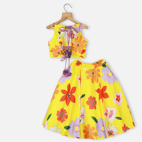 Yellow Floral Printed Choli With Lehenga & Dupatta