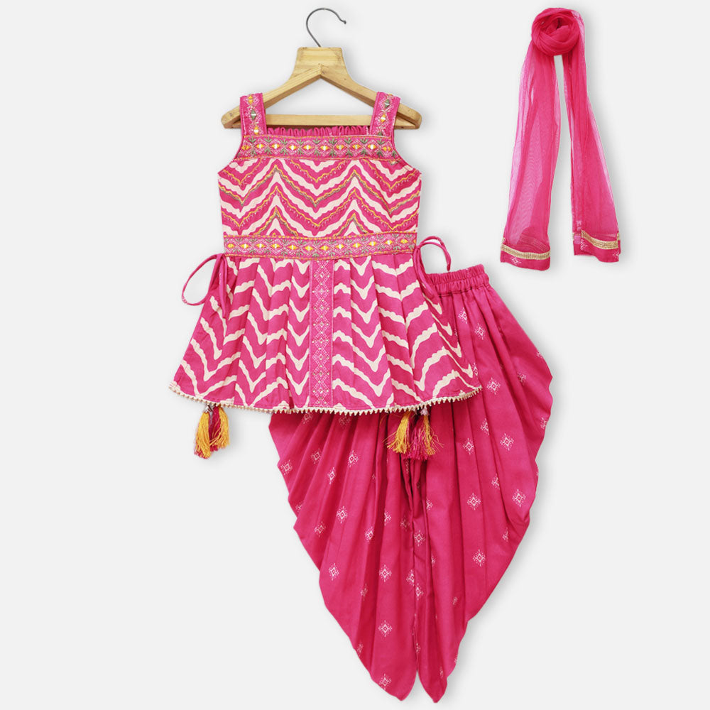 Mustard & Pink Embroidered Sleeveless Kurta With Dhoti & Dupatta