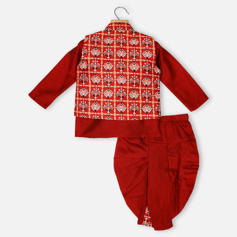 Red Patola Printed Nehru Jacket With Maroon Kurta With Dhoti
