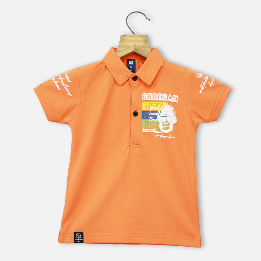 Orange Back Graphic Printed Polo T-Shirt