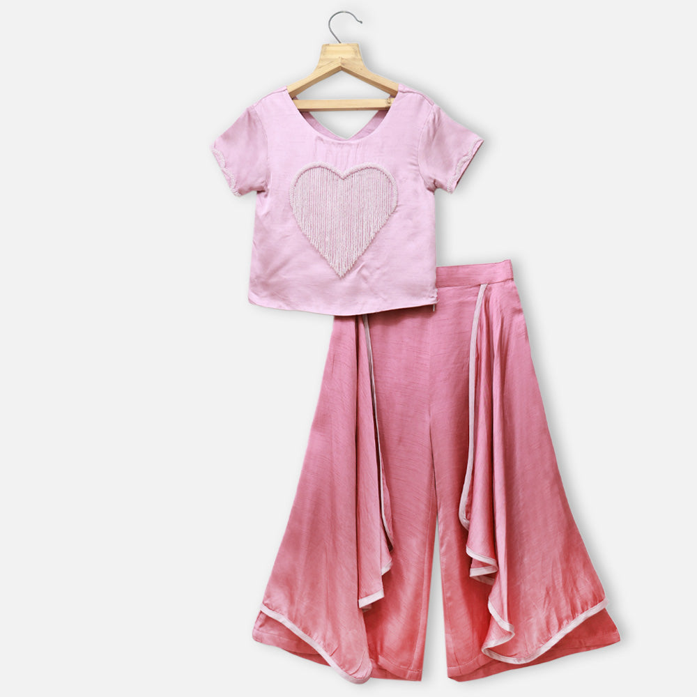 Pink Heart Embroidered Crop Top With Palazzo