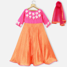 Load image into Gallery viewer, Orange Bandhani Anarkali Kurta With Pink Dupatta
