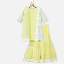 Load image into Gallery viewer, Yellow Crochet Detail Cotton Kurta With Sharara &amp; Dupatta
