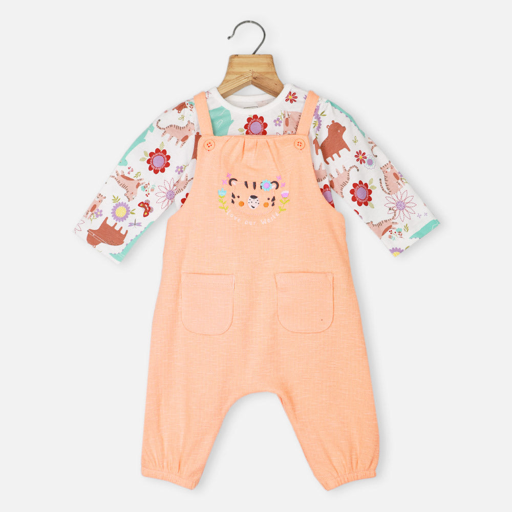 Peach Forest Theme Dungaree Romper With White T-Shirt
