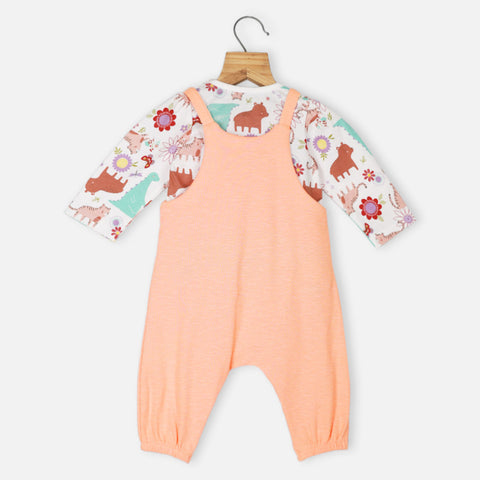 Peach Forest Theme Dungaree Romper With White T-Shirt