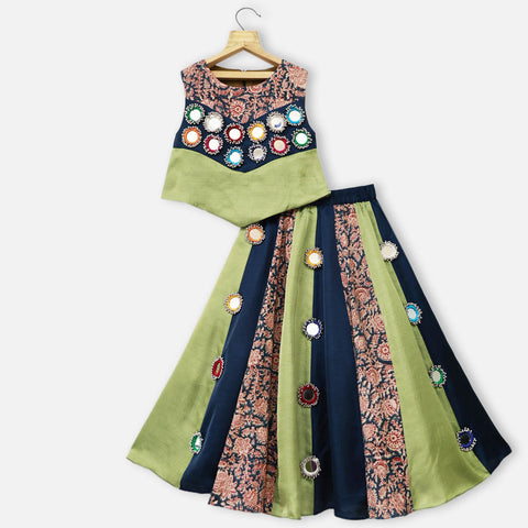 Kalamkari Mirror Embroidered Top With Lehenga Set