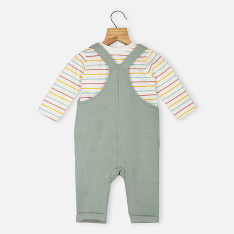 Green Rainbow Embroidered Dungaree Romper With Striped T-Shirt