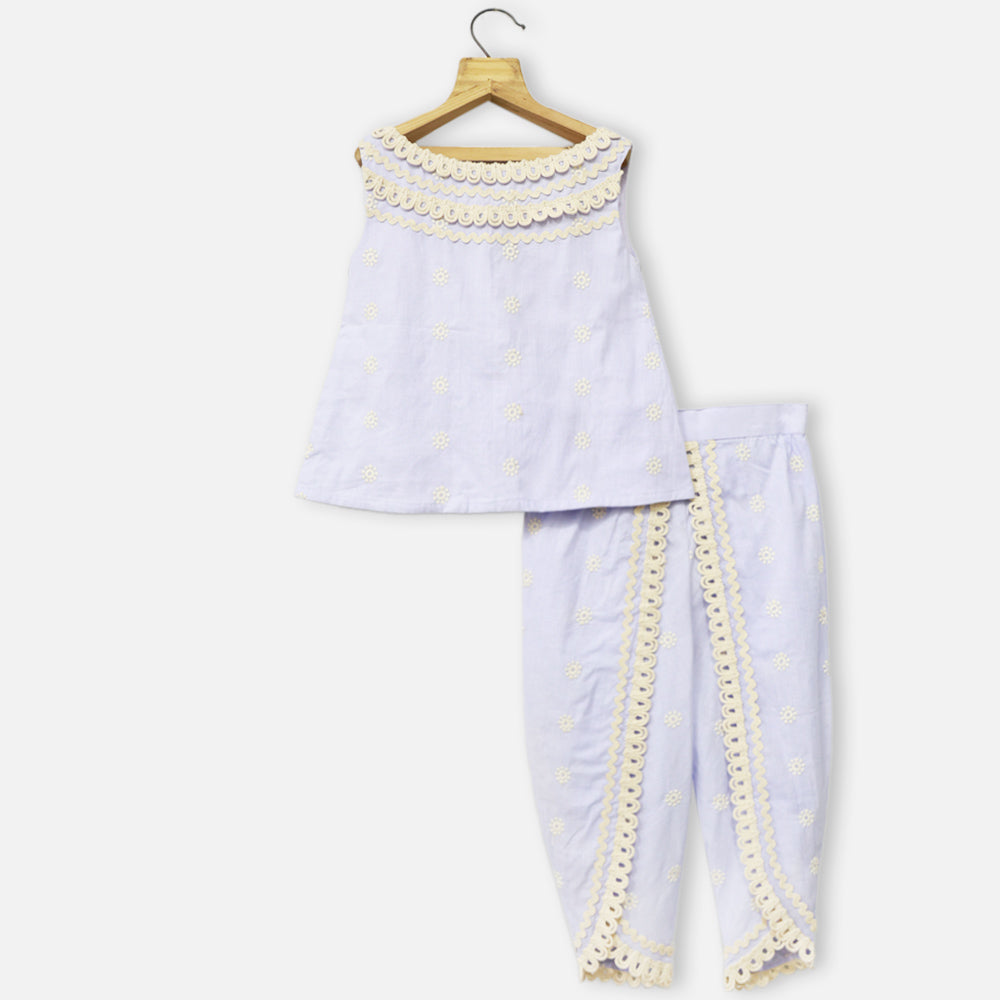 Lavender Embroidered Cotton Top With Tulip Pant Co-Ord Set