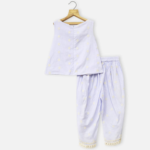 Lavender Embroidered Cotton Top With Tulip Pant Co-Ord Set