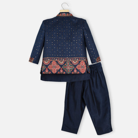 Navy Blue Thread Embroidered Jacket With Kurta & Pant