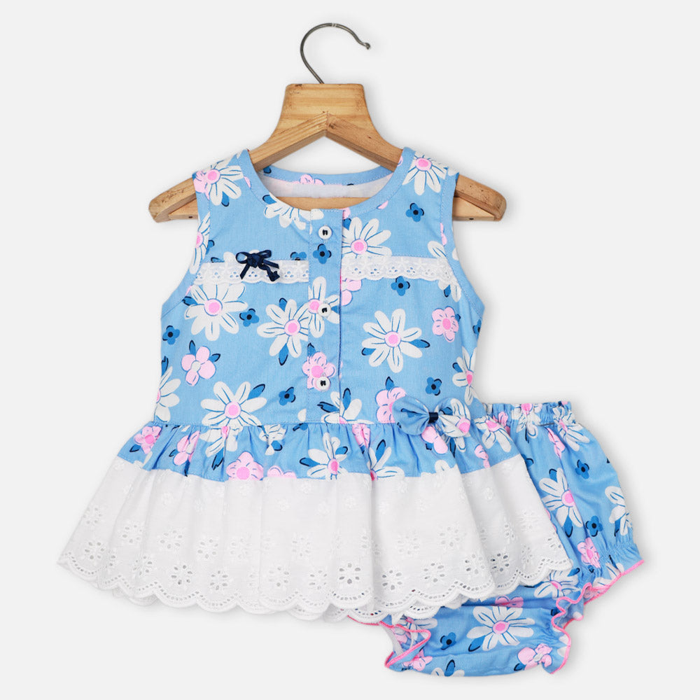 Blue Floral Printed Dress With Bloomer