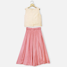 Load image into Gallery viewer, Ivory Fringe Crop Top With Pink Flared Palazzo
