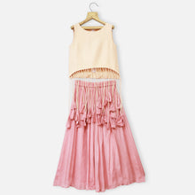 Load image into Gallery viewer, Ivory Fringe Crop Top With Pink Flared Palazzo
