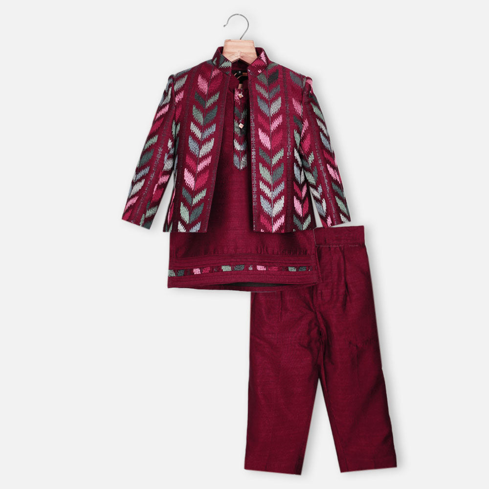 Maroon Sequins Embroidered Jacket With Kurta & Pant