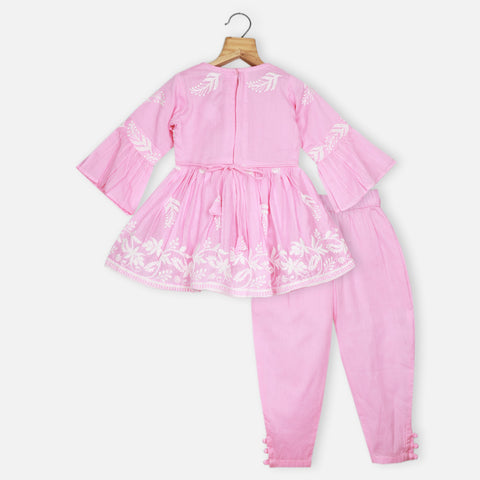 Pink Chikankari Peplum Top With Pant & White Dupatta