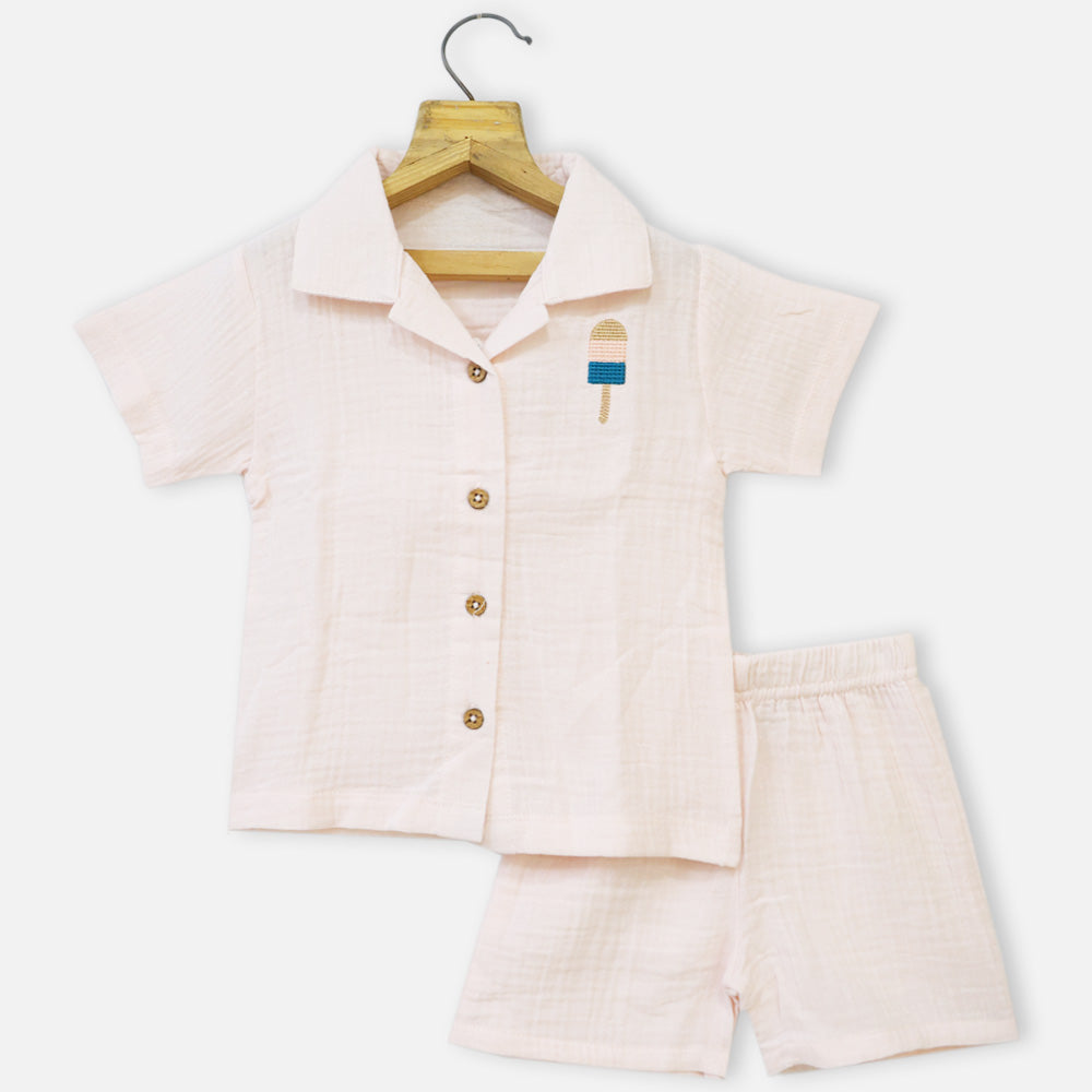 Peach Half Sleeves Muslin Night Suit