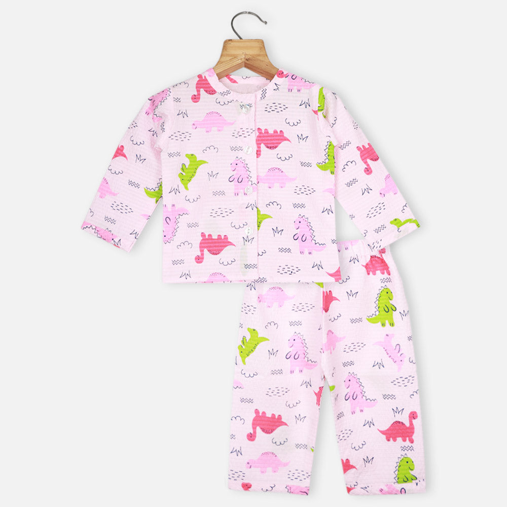 Pink Dino Theme Full Sleeves Dino Night Suit