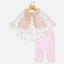 Load image into Gallery viewer, White Floral Full Sleeves Top With Fleece Shrug &amp; Legging

