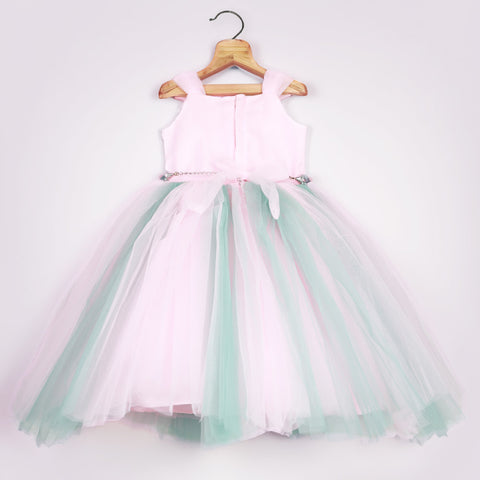 Pink Weave Yoke Ball Party Gown With Belt & Plastic Boning