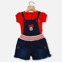 Load image into Gallery viewer, Blue Denim Mickey Mouse Embroidered Dungaree With Red Top
