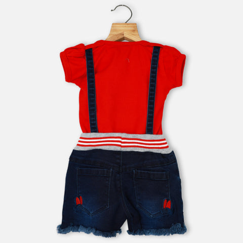 Blue Denim Mickey Mouse Embroidered Dungaree With Red Top