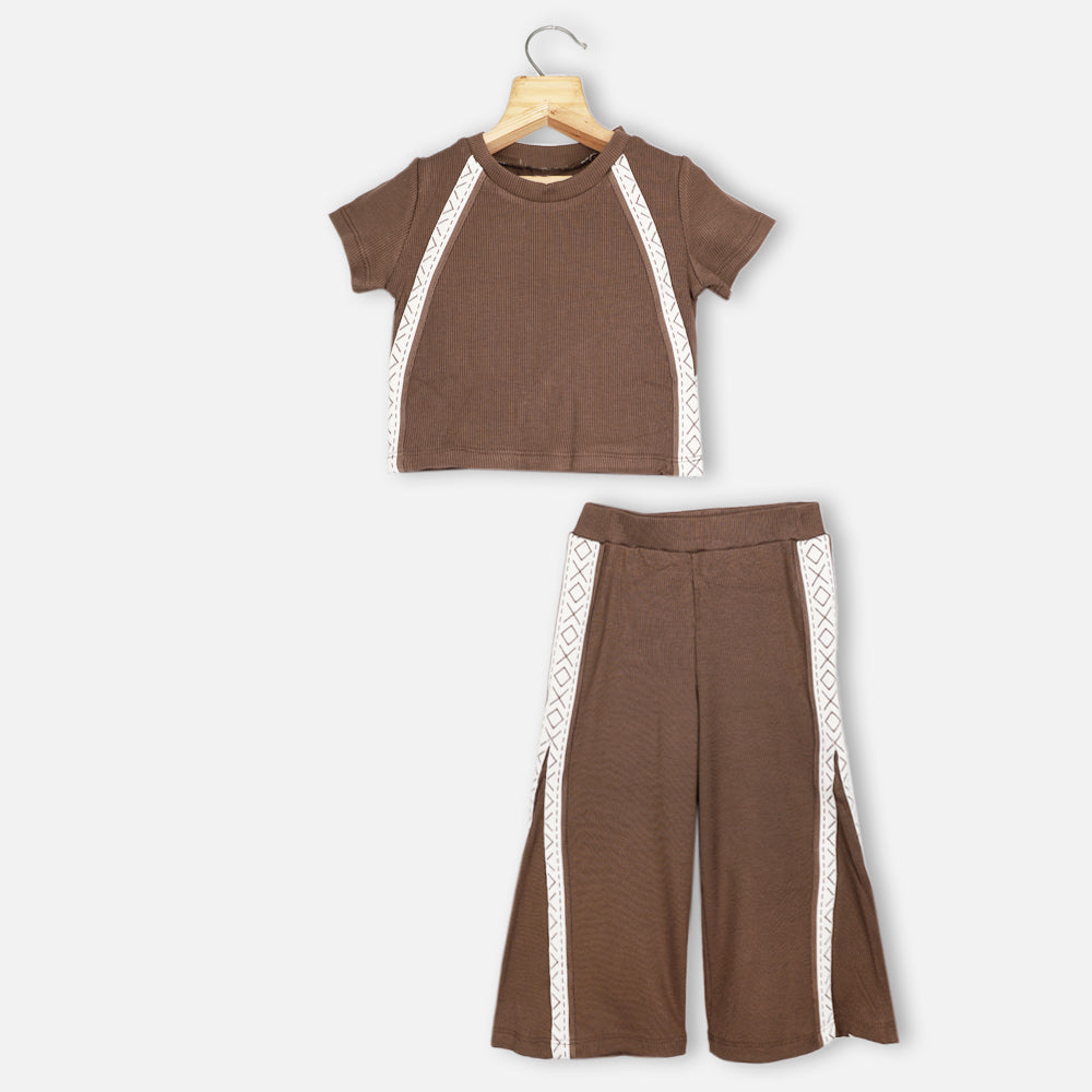 Brown & Black Top With Wide Leg Pants Co-Ord Set