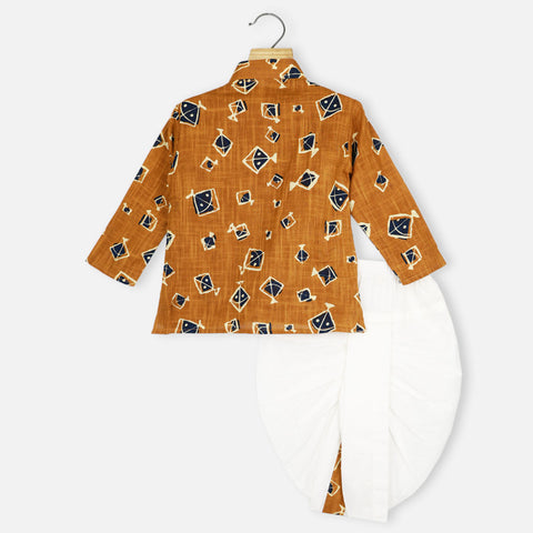 Mustard Kite Theme Full Sleeves Cotton Kurta With Dhoti