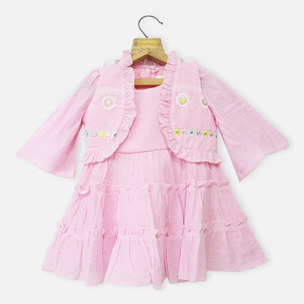 Pink Embroidered Full Sleeves Dress With Jacket